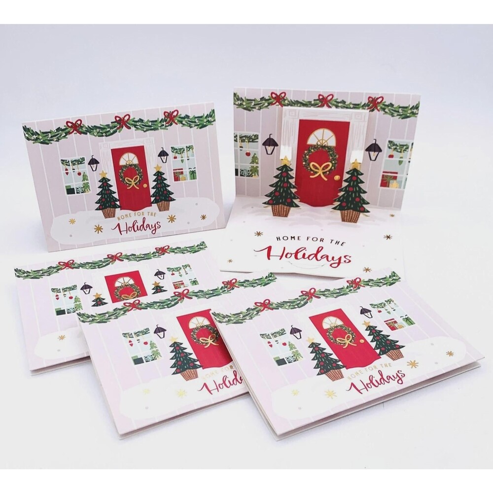 3D Pop Up Christmas Cards "Home for the Holidays" House Door Tree Wreath Garland